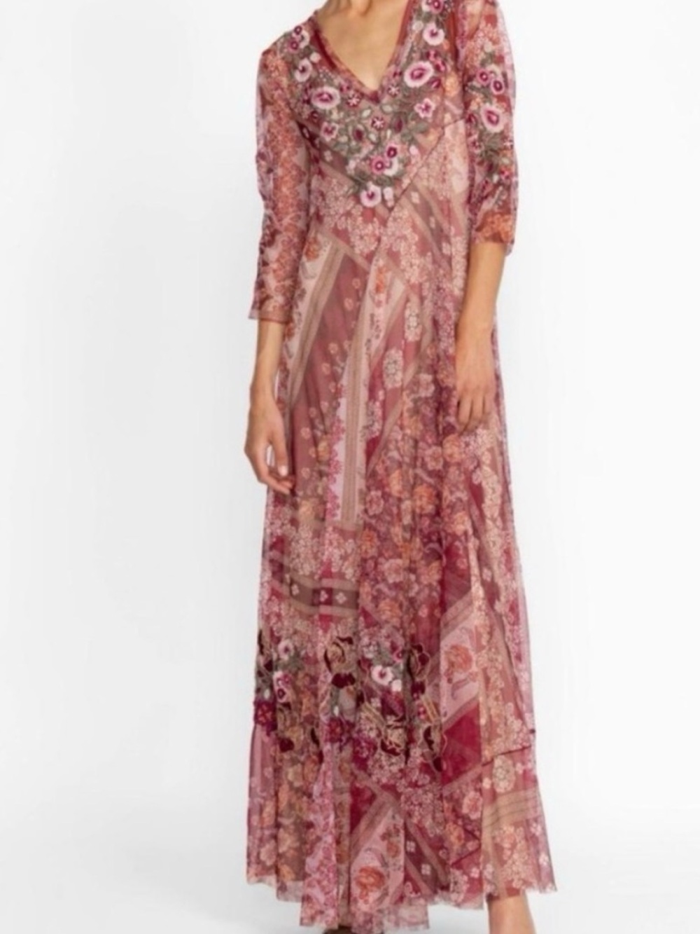 Johnny Was Cardinal
Pink Floral Mesh Embroidered Dress NWOT